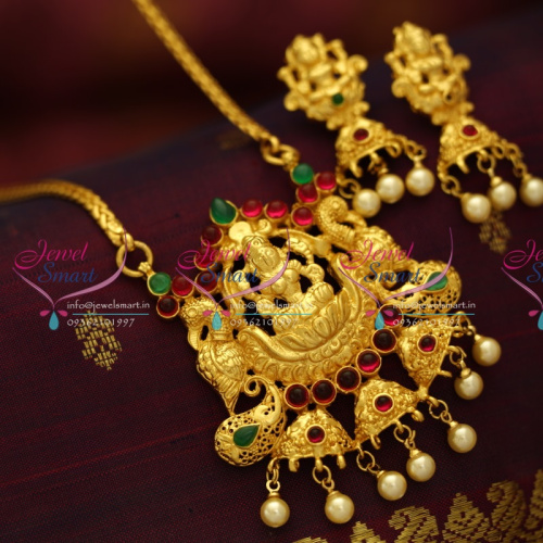 PS5580 One Gram Gold Plated Temple Laxmi Pendant Chain Screwback Earrings