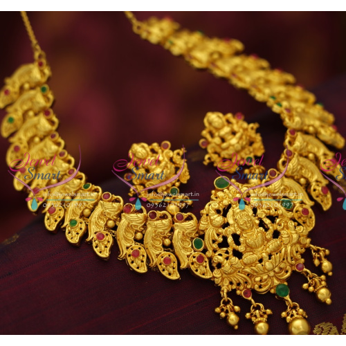 NL5581 One Gram Gold Plated Temple Kemp Mango Peacock Design Jewellery Traditional Necklace Set