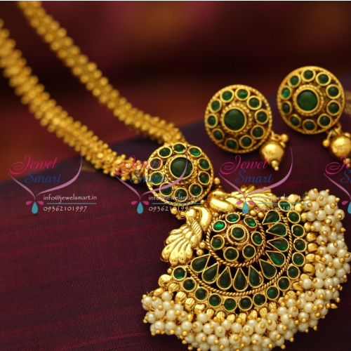 NL5619 Fancy Gold Design Chain Kemp Pearl Danglers Pendant Earrings Jewellery Set