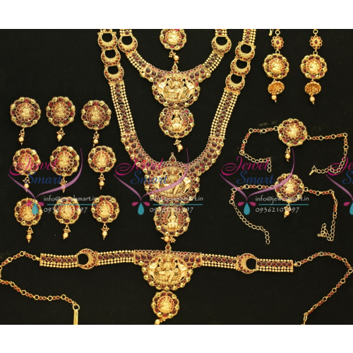 W0494 Exclusive Indian Traditional Grand Temple Laxmi God Wedding Jewellery Kempu Stones Antique Gold Plated