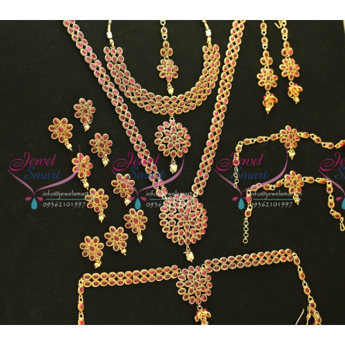 W0171 Bridal Exclusive Indian Traditional Grand Temple Wedding Jewellery Kempu Stones Red Gold Plated