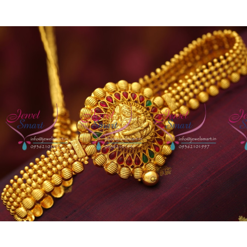 H5675 Beads Design Temple Laxmi God Hip Chain Red Gold Antique Latest Jewellery
