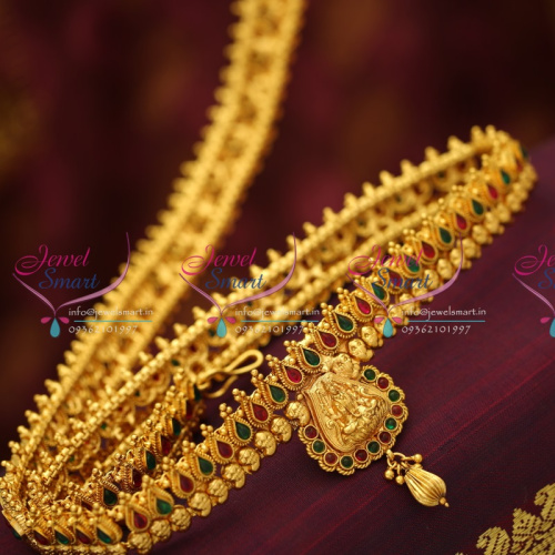 H5678 Mango Design Temple Laxmi God Hip Chain Red Gold Antique Latest Jewellery
