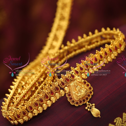 H5679 Mango Design Temple Laxmi God Hip Chain Red Gold Antique Latest Jewellery