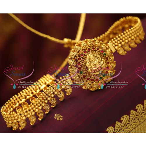 H5680 Beads Mango Design Temple Laxmi God Hip Chain Red Gold Antique Latest Jewellery