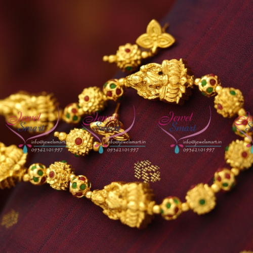 NL5699 Gold Plated Temple Laxmi God Ruby Emerald Balls Beaded Jewellery Online