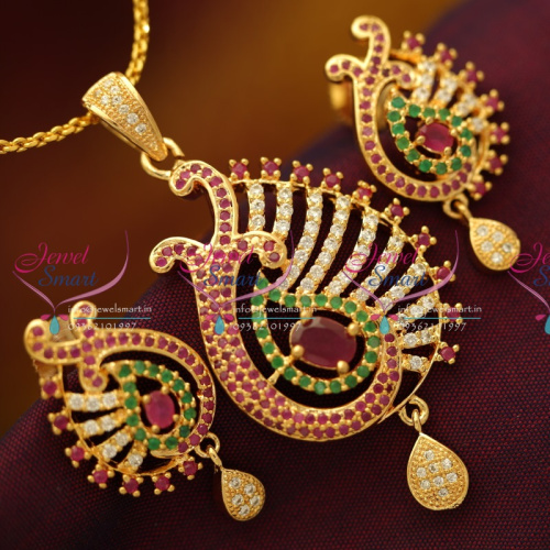 PS5727 CZ Ruby Emerald Gold Plated Pendant Earrings Chain Fashion Jewellery Buy Online
