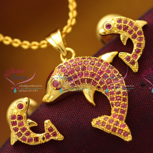 PS5730 Ruby Dolphin Gold Plated Pendant Earrings Chain Fashion Jewellery Buy Online