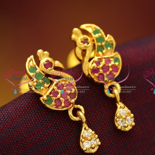 ES5792 Gold Plated Small Peacock Ruby Emerald Screwback Earrings Jewellery Buy Online