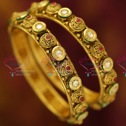 B6097 2.4 Size Real Kundan Ruby Antique Gold Plated Bangles Buy Online