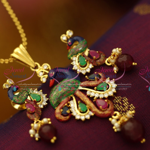 PS6163 Gold Plated Peacock Latest Design Painting Work Real Look Pendant Set Online