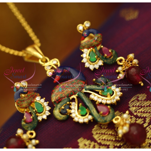 PS6164 Gold Plated Peacock Latest Design Painting Work Real Look Pendant Set Online
