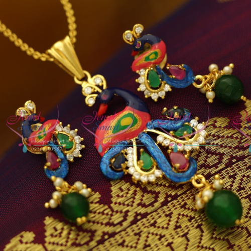 PS6165 Gold Plated Peacock Latest Design Painting Work Real Look Pendant Set Online