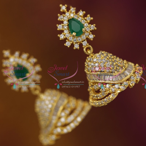 J6258 Gold Plated Real Look Emerald White Diamond Finish Stylish Jhumka Earrings