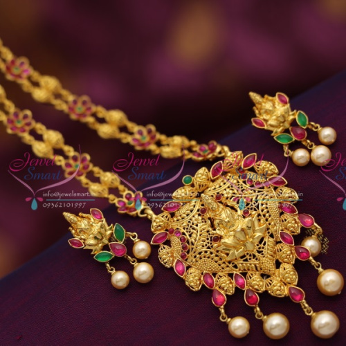NL6450 Gold Design Long Temple Necklace Kemp Spinel Ruby Traditional Indian Jewelry Set