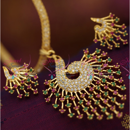 PS6577 Peacock Design Stone Filled Chain Ruby Emerald Pendant Earrings Online Offer