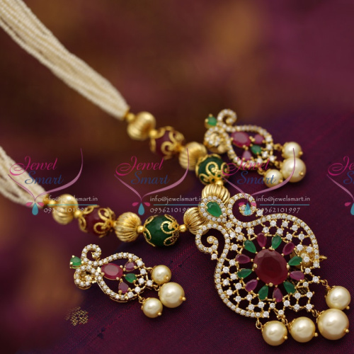 NL6579 Beaded Pearl Gundla Mala Ruby Emerald CZ Pendant Latest Jewellery Online