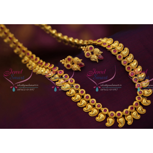 NL1375 Temple Kempu Mango Delicate Gold Design Haram Work Long Necklace Traditional South Indian Jewelry