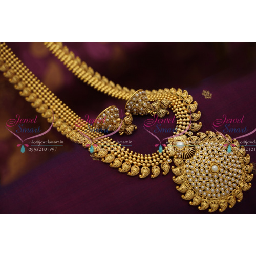 NL6737 Antique Traditional Mango Design Long Haram Pearl Necklace Online