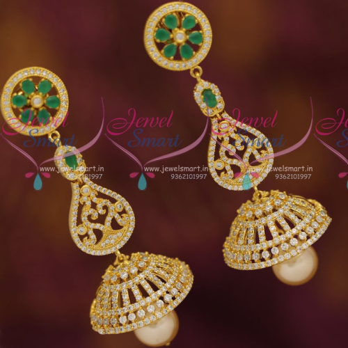 J7324 CZ White Emerald Long Gold Plated Jhumka Earrings Grand Jewellery Online