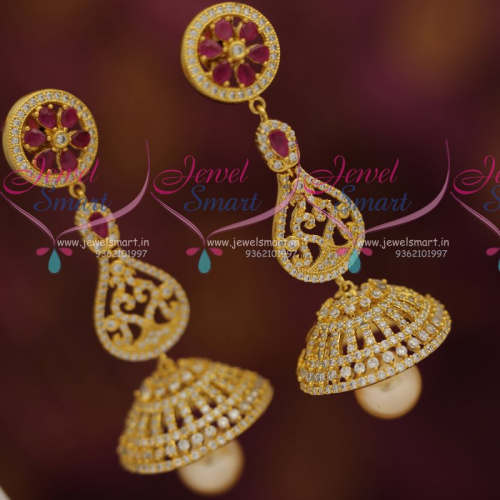 J7325 CZ White Ruby Long Gold Plated Jhumka Earrings Pearl Drops Buy Online