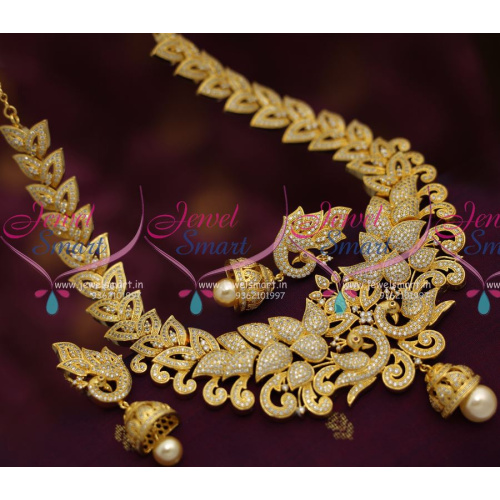NL6876 CZ Ruby Grand Broad Necklace Jhumka Peacock Design Latest Jewellery Online