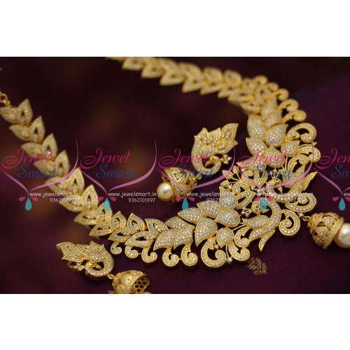 NL6876 CZ Ruby Grand Broad Necklace Jhumka Peacock Design Latest Jewellery Online