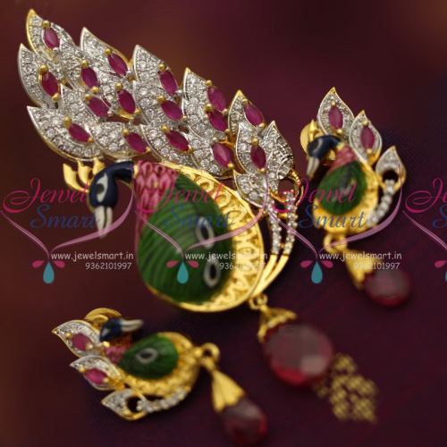 PS7085 Hand Painting Meenakari Ruby CZ Pendant Sets Peacock Design Jewellery