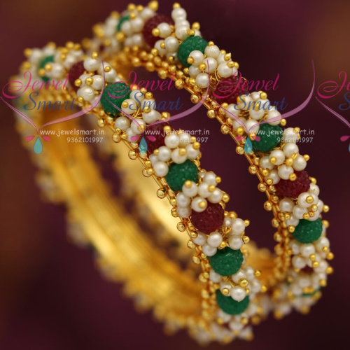 B7277 Pearl Red Green Danglers Hand Beaded Bangles Offer Price Fancy Jewellery Online