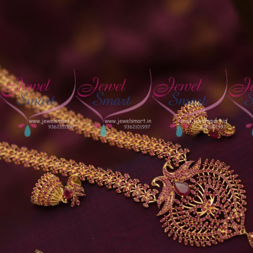 NL7269 Full Ruby Gold Plated Fancy Haram Long Necklace Peacock Design Collections