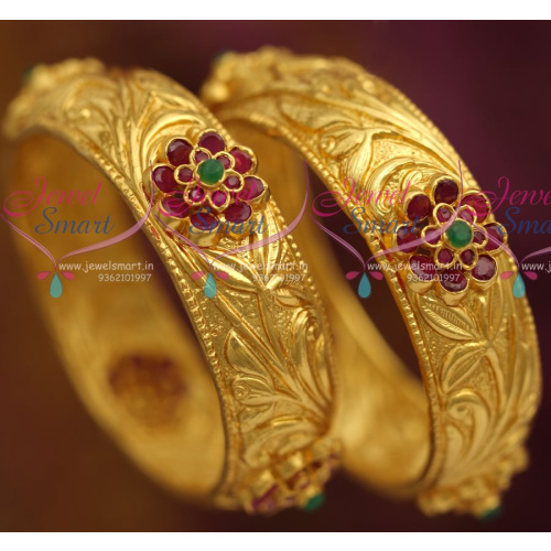 B7182 One Gram Gold Design Broad Nakshi Nagas Ruby Emerald Bangles Online