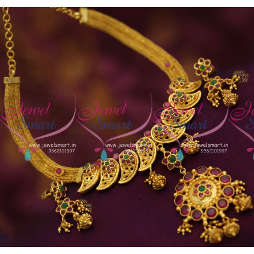 NL6862 One Gram Temple Ruby Handmade Attigai Mango Jewellery Necklace Set