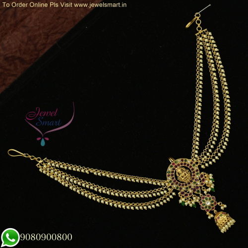 Exquisite Temple Jada Billa Choti with Linked Ear Chains, Mattal Adorned with Pearls and Golden Beads H26095