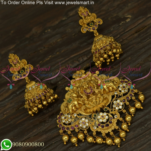 Temple and Floral Blended Antique Gold Pendant Set Jhumkas PS25716