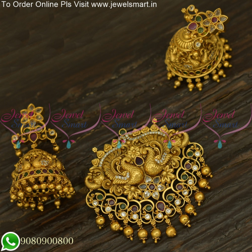 Majestic Peacock Design Anttique Gold Pendant Set Big Broad Jhumkas PS25717