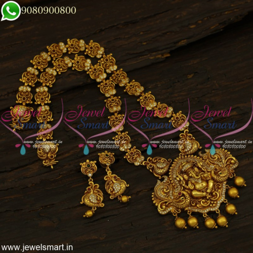 Temple Lord Ganesh Long Necklace in Antique Jewellery Haram For Wedding Silk Sarees NL21316