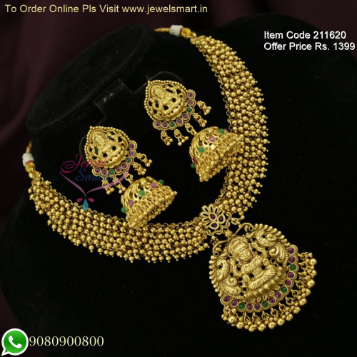 Golden Beads Clusters Necklace Set Antique Gold Temple Jewellery With Jhumkas NL26269