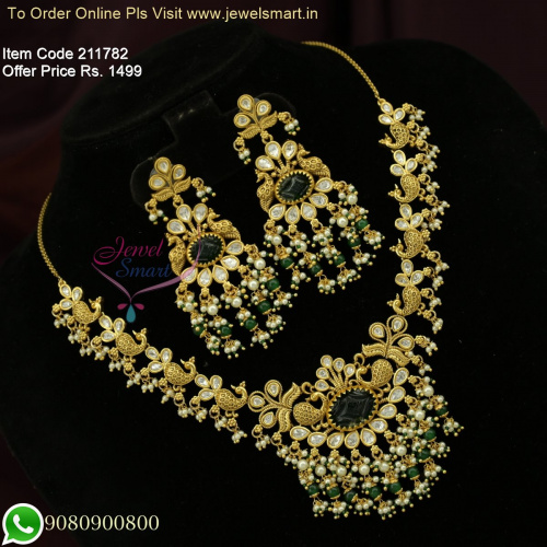 Premium Antique Gold Peacock Necklace Set Kundan jewellery Sets online NL26277