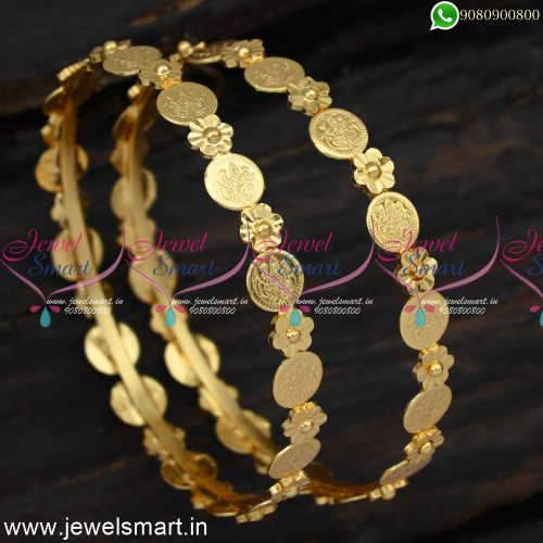Thin Delicate Temple Laxmi Coin Bangles Light Weight Gold Plated B24865