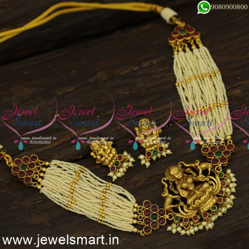 Tiny Pearls Choker Necklace Set Antique Gold Trending Temple Jewellery With Mugappu NL24261