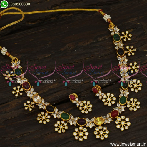 Traditional Gold Design Navratna Necklace Set Semi Precious Stones Jewellery NL23485
