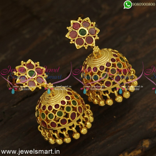 Traditional Gold Model Majestic Jimikki Kammal Ruby Emerald Stone Collections J24825