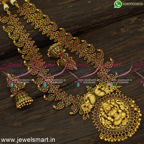 Traditional Temple Long Gold Necklace For Light Colour Saree Antique Gold NL24696