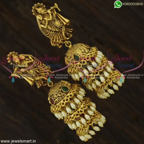 Triple Layer Jhumkas Online Pearls Lord Radha Krishna Temple Jewellery Designs J22467
