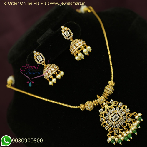 Thali Kodi Chain Antique Gold Sparkling CZ Stones Necklace Set With Jhumka Earrings NL26375