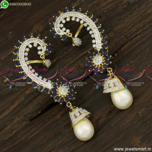Unique Sapphire Blue Jhumka Earrings With CZ White Bluetooth Plus Clip On J23759