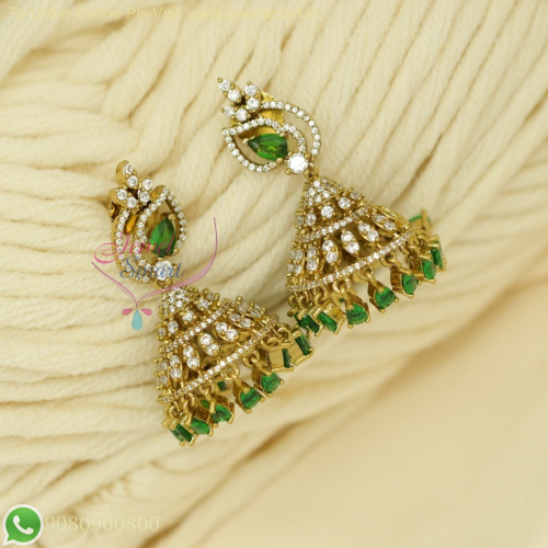 Victorian Style Jhumka Earrings with Green and White Stones – Festive Diwali Jewelry J26794