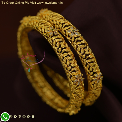 Radiant White Stone One Gram Gold Leaf Design Bangles - Durable Jewelry B25784