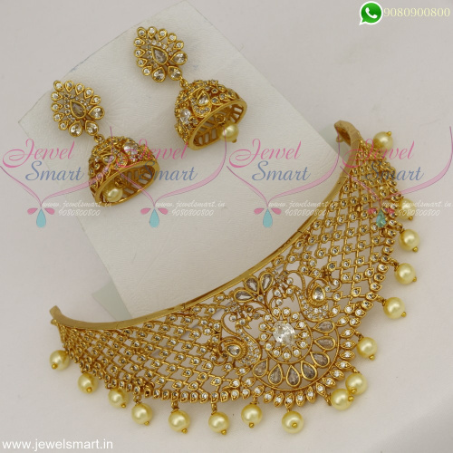 White Stone Traditional Choker Necklace Online With Jhumka Earrings NL22540