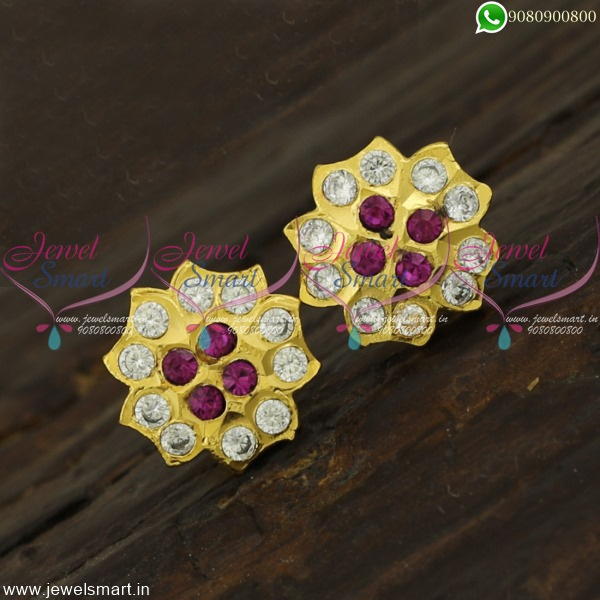 Gold Flower Earrings With Red Natural Stones - Vinty Jewelry
